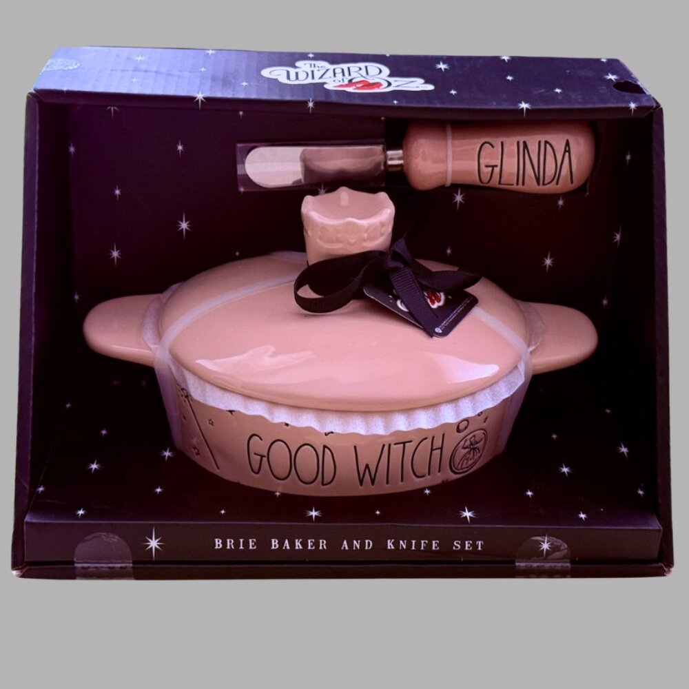 Rae Dunn Wizard Of Oz Good Witch Glinda Pink Brie Baker & Knife Set NEW